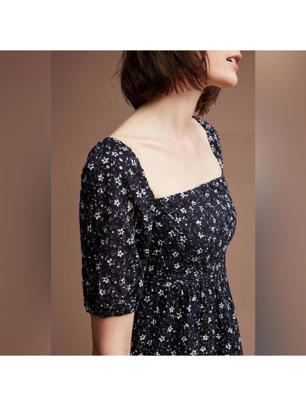 Anthropologie Maeve Navy Floral Eyelet Puff Sleeve Babydoll Mini Dress Sz 6 - Picture 9 of 9